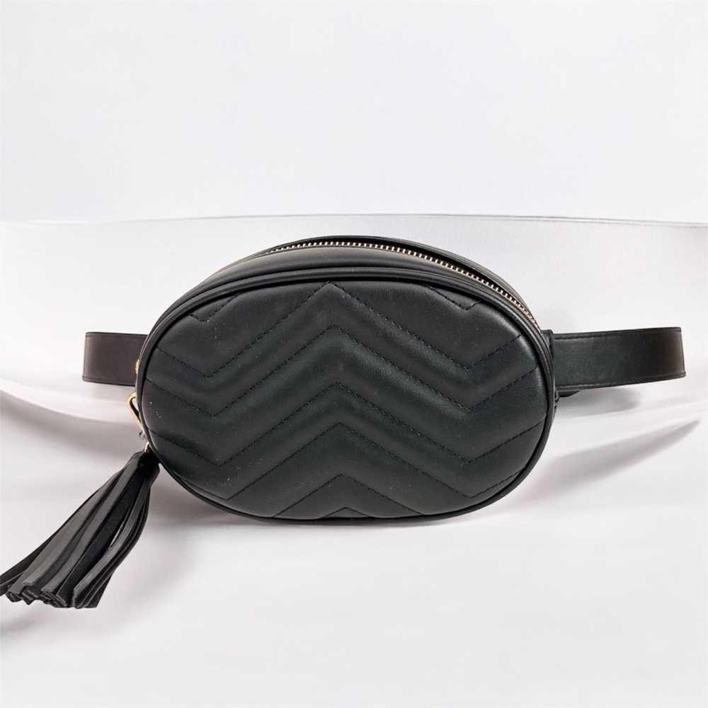 Black Quilted Vegan Leather Fanny Pack with Tassel